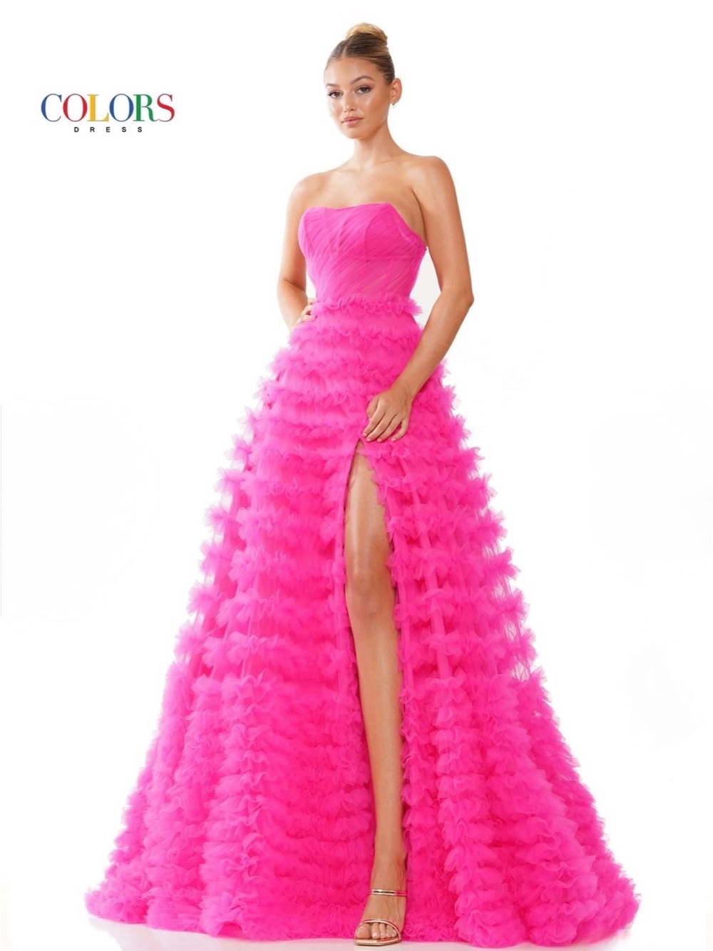 Colors Strapless Hot Pink Ruffle-Trim Ball Gown